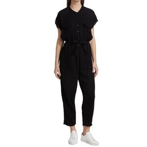 MONROW BLACK GUAZE LIGHTWEIGHT BUTTON FRONT JUMPSUIT SHORT SLEEVE LARGE